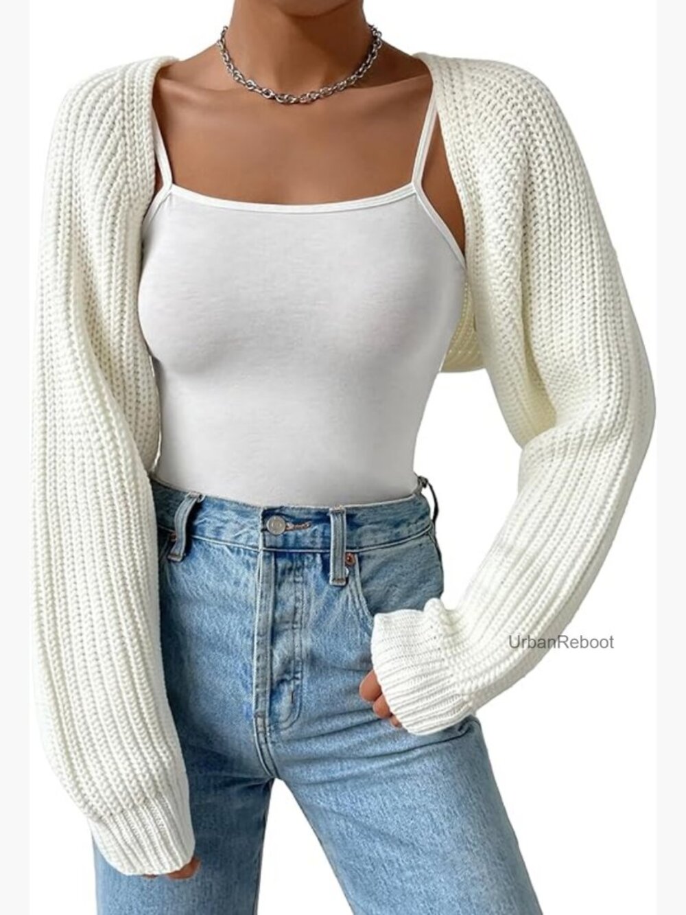 Long Sleeve Open Front Knitted Crop Cardigan Drop Shoulder Bolero Shrug Sweater
